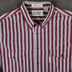 Vintage Levis Silver Label Shirt Mens XL Burgundy Gray Striped Button Up Big E
